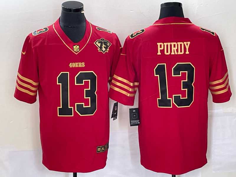 Mens San Francisco 49ers #13 Brock Purdy Red 75th Patch Golden Edition Stitched Nike Limited Jersey Dzhi